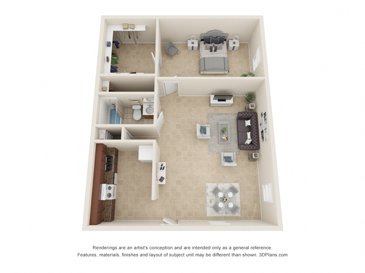 Floor plan for 1 bed, 1 bath, 624 sqft